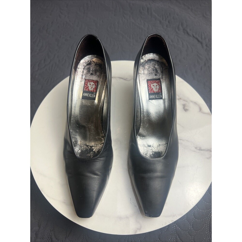 Vintage Anne Klein II Formal Leather 3" Kitten Pumps Pointed Toe Black SZ 7.5N